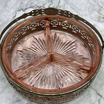 Vintage Pink Depression Glass Dish 3 Part Divided Starburst Silver Caddy 7” TB6