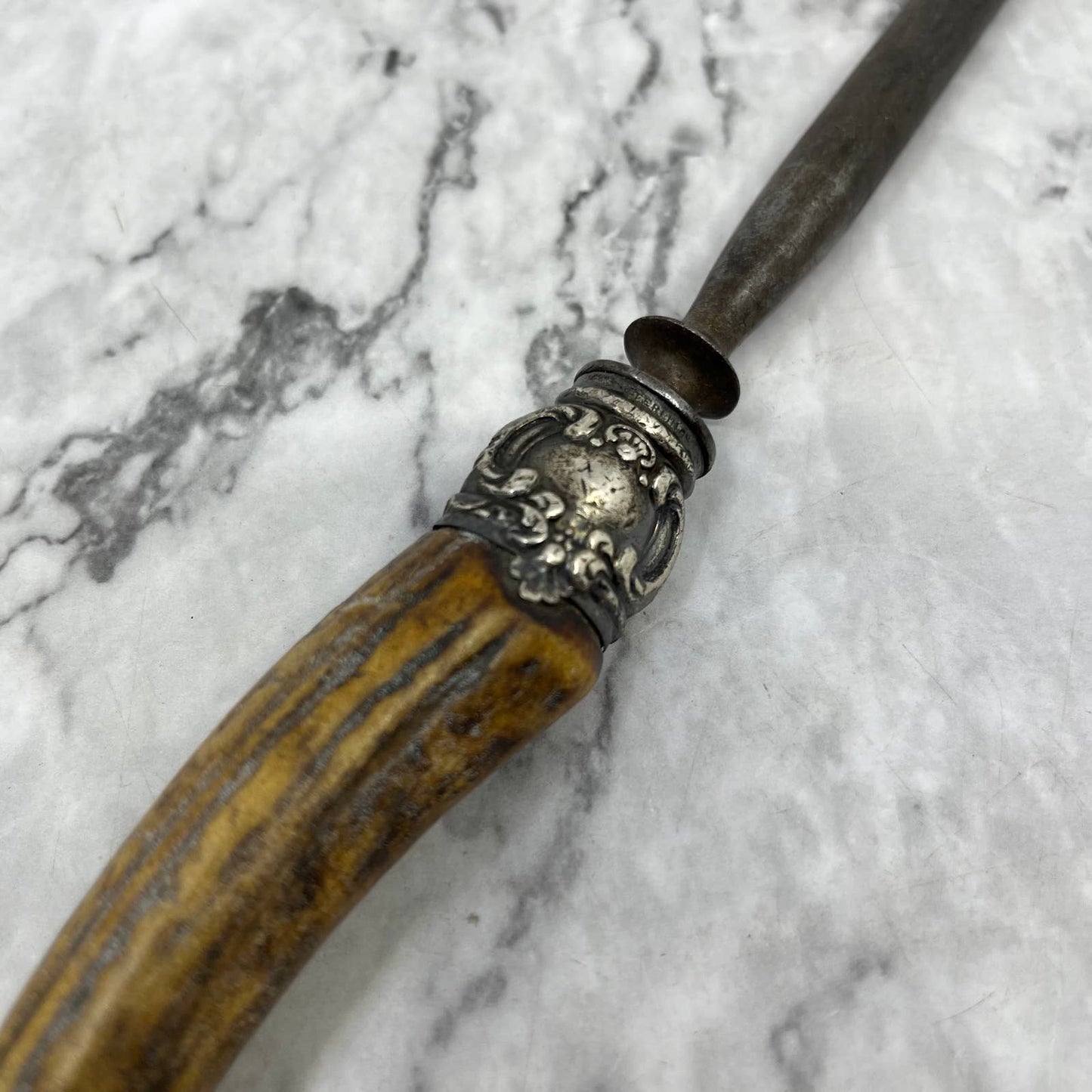 Antique Lee’s 13” Stag Antler Handle Sterling Honing Rod Sharpener TK2