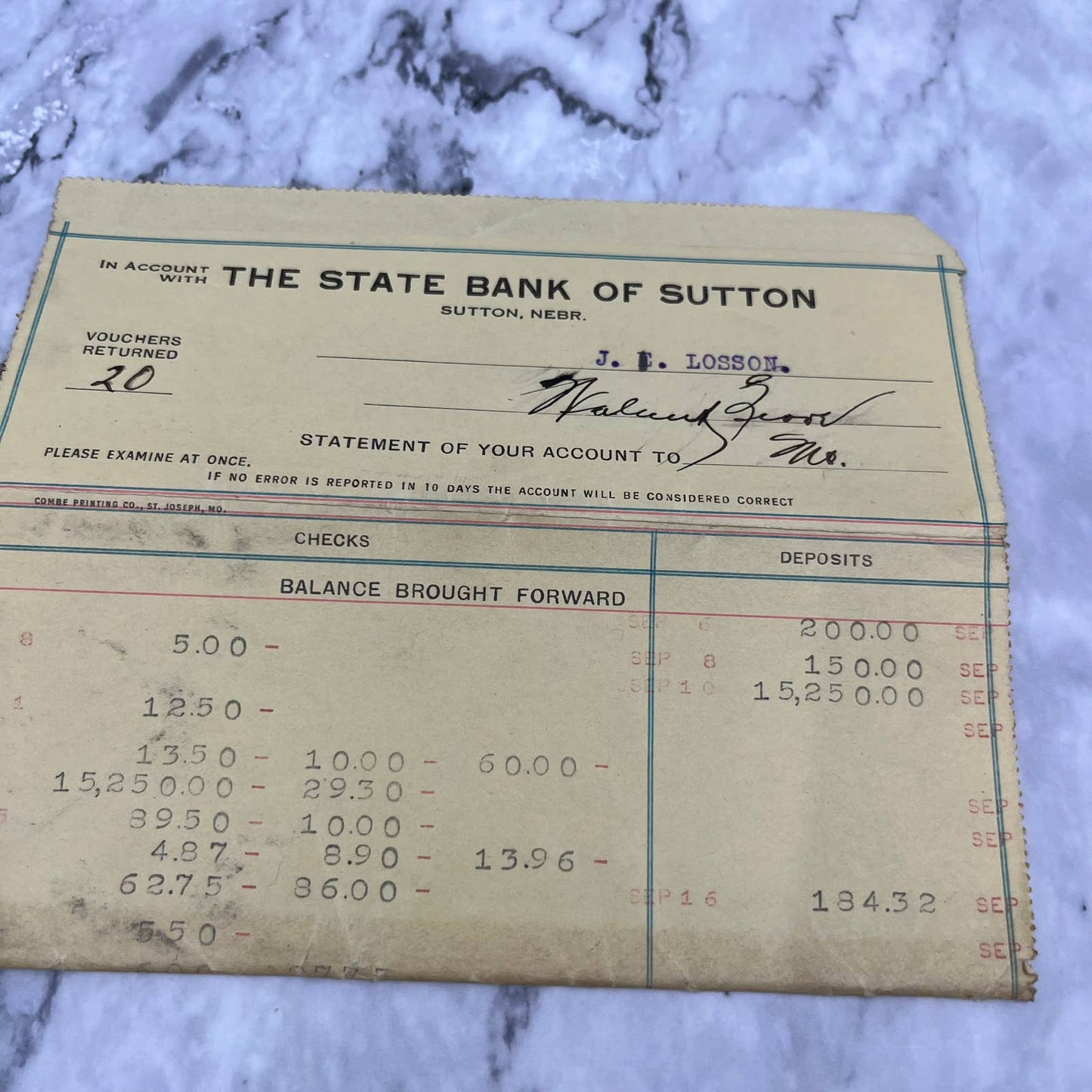 1919 State Bank of Sutton NE Statement & Checks J.L. Losson EA4