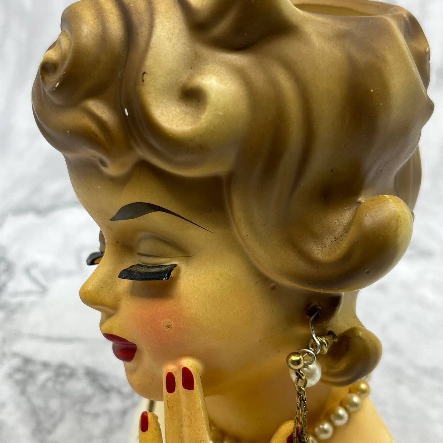 Vintage Rubens #488 Lady Head Vase Brown Hair Pearl Necklace and Earrings TJ2