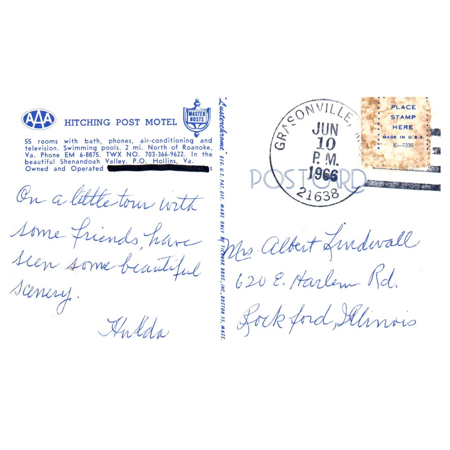 Vintage Postcard - Hitching Post Motel Shenandoah Valley Hollins VA AD9