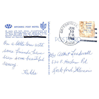 Vintage Postcard - Hitching Post Motel Shenandoah Valley Hollins VA AD9