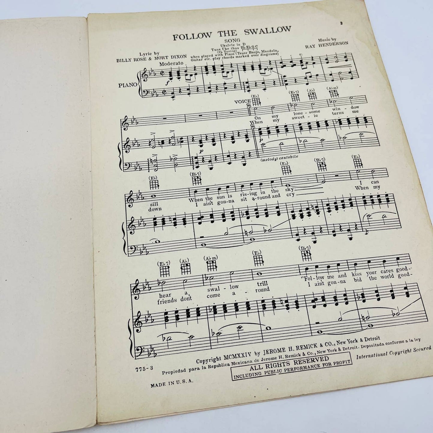 1924 Follow the Swallow Billy Rose Arthur Streng Jerome Remick Sheet Music