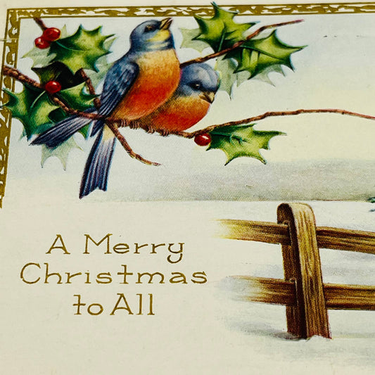 1910s Christmas Post Card Embossed Bluebirds Holly Fence Whitney Gilt PA4