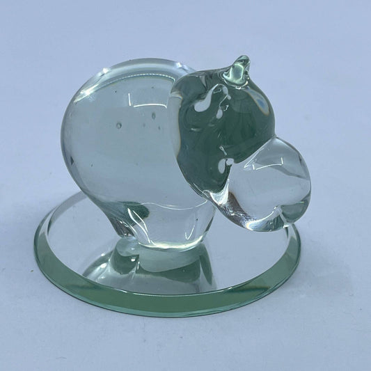 Miniature Art Glass Crystal Clear Hippo Figurine Handmade W Mirror Stand SD7