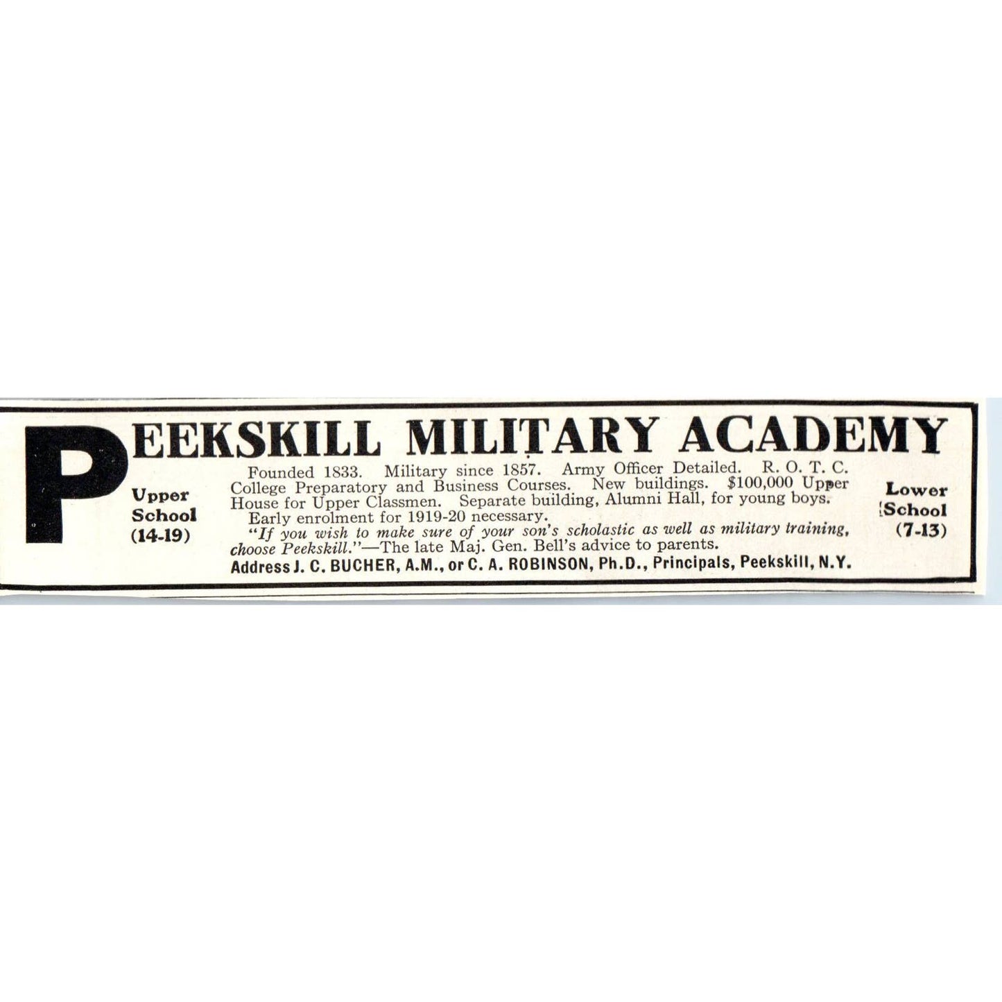 c1920 Harper's Ad - Peekskill Military Academy JC Bucher CA Robinson NY EA3