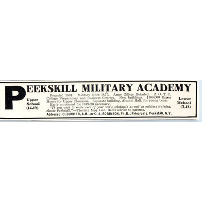 c1920 Harper's Ad - Peekskill Military Academy JC Bucher CA Robinson NY EA3
