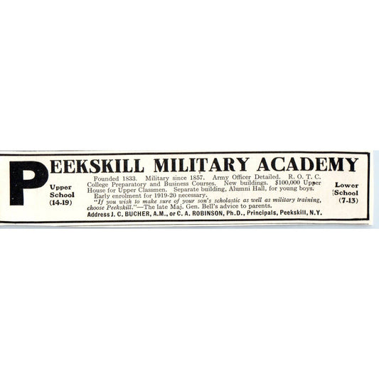 c1920 Harper's Ad - Peekskill Military Academy JC Bucher CA Robinson NY EA3