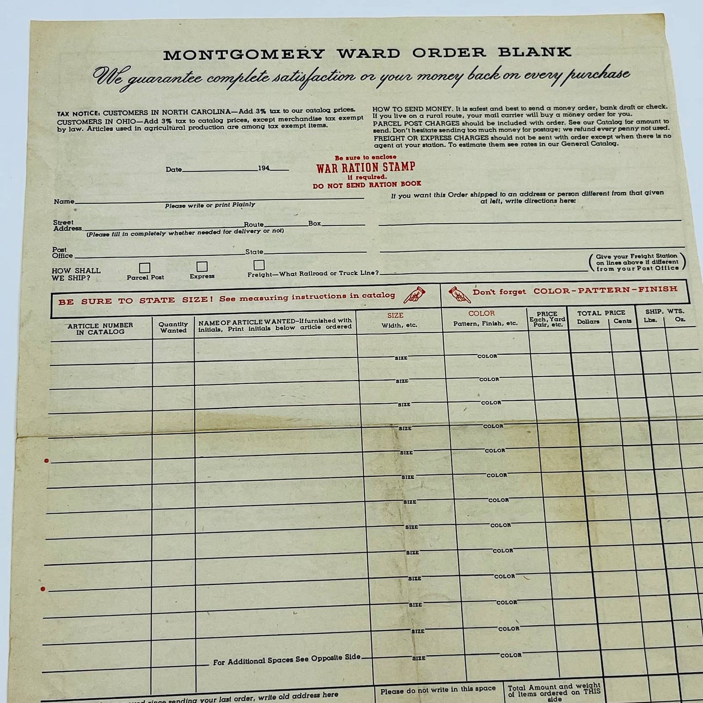 1940s WWII Era Montgomery Wards Order Blank Form - War Ration Stamp Option D3