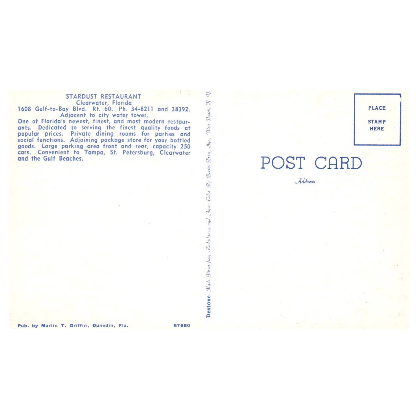 Vintage Postcard - Stardust Restaurant Dining Room Clearwater Florida AD9