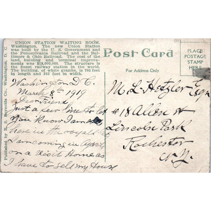 Union Station Waiting Room Washington D.C. c1910 Original Postcard P1-16