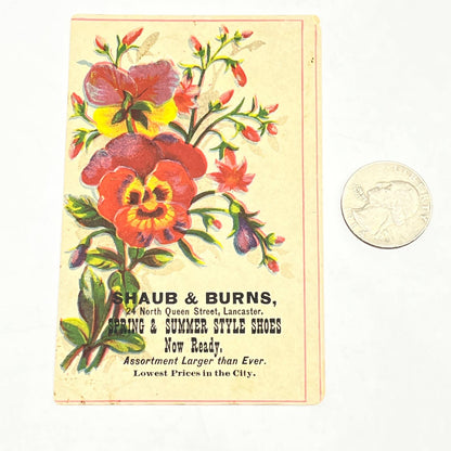 1880s Victorian Trade Card Shaub & Burns Spring Summer Shoes Lancaster PA AB6