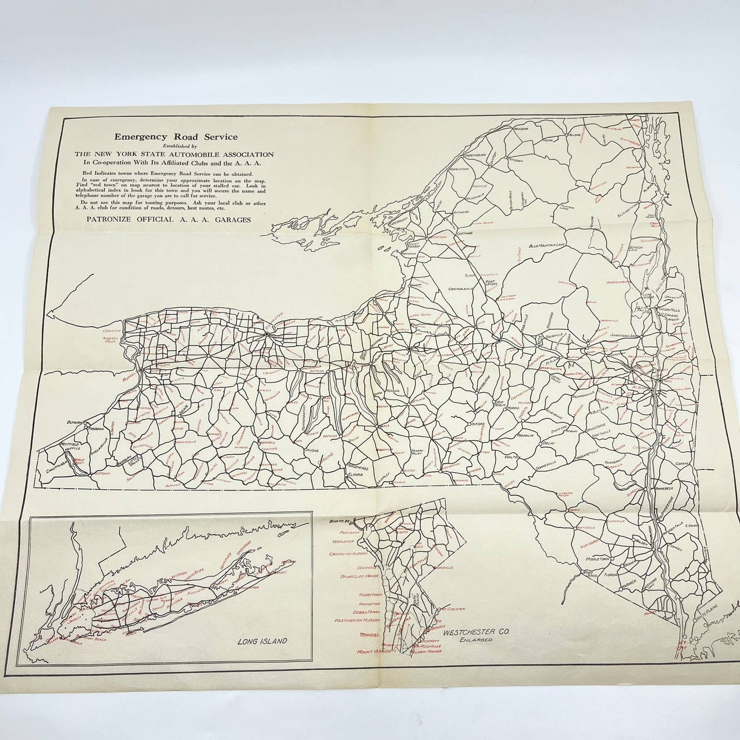 1927 AAA Emergency Roadside Service Map of New York State 15 x 17” SC6