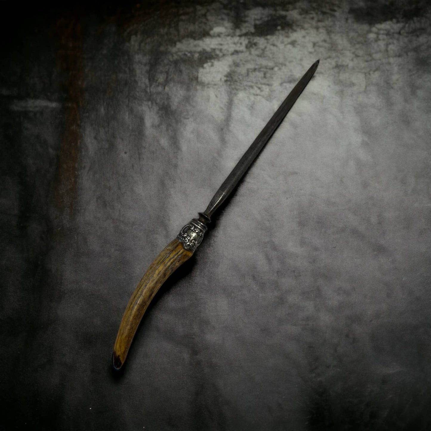 Antique Lee’s 13” Stag Antler Handle Sterling Honing Rod Sharpener TK2
