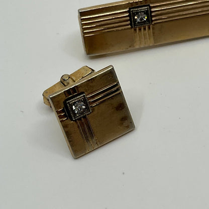 1940s Art Deco Anson Gold Tone Fluted Rhinestone Cufflinks and Tie Bar SE1