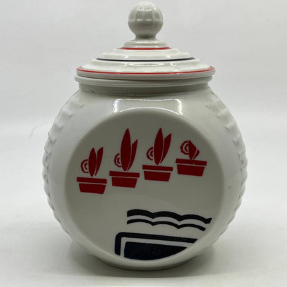 Fire King Anchor Hocking Vitrock White Grease Jar w/ Lid Red Flower Pots TC3