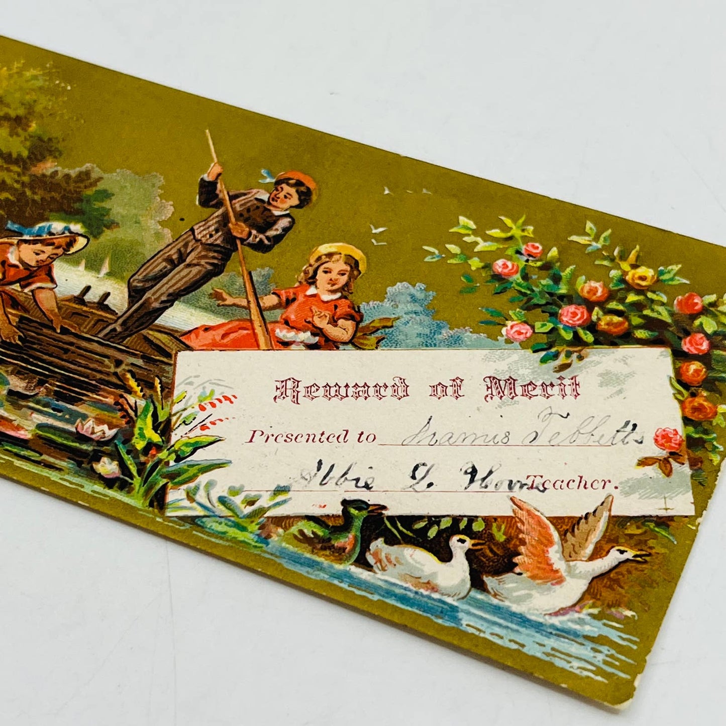 1880s Victorian Reward of Merit Award Card Children on Row Boat Gilt Swans AA2