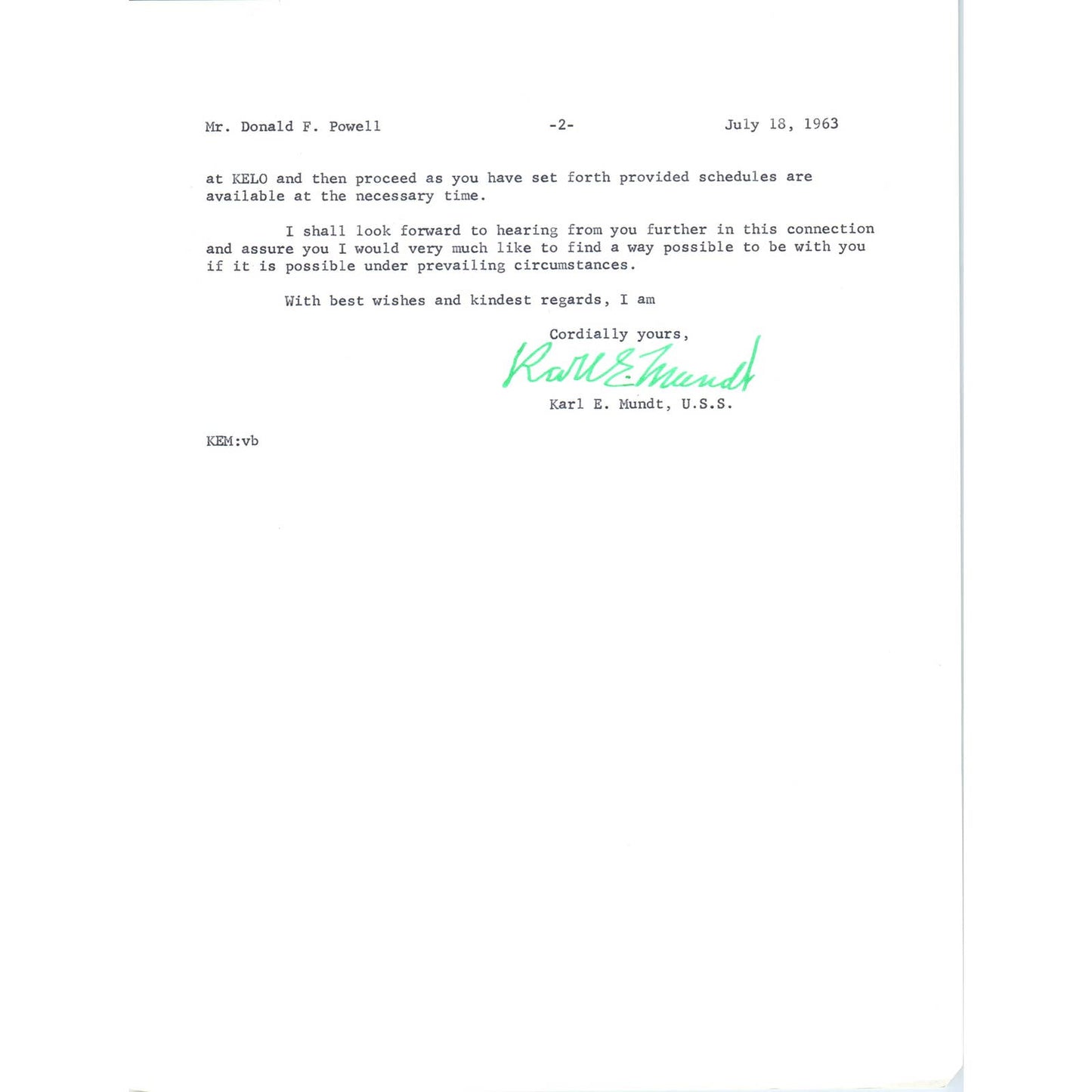 South Dakota Senator Karl Mundt Official Letterhead Signed Memo Jul 1963 TK1-P6