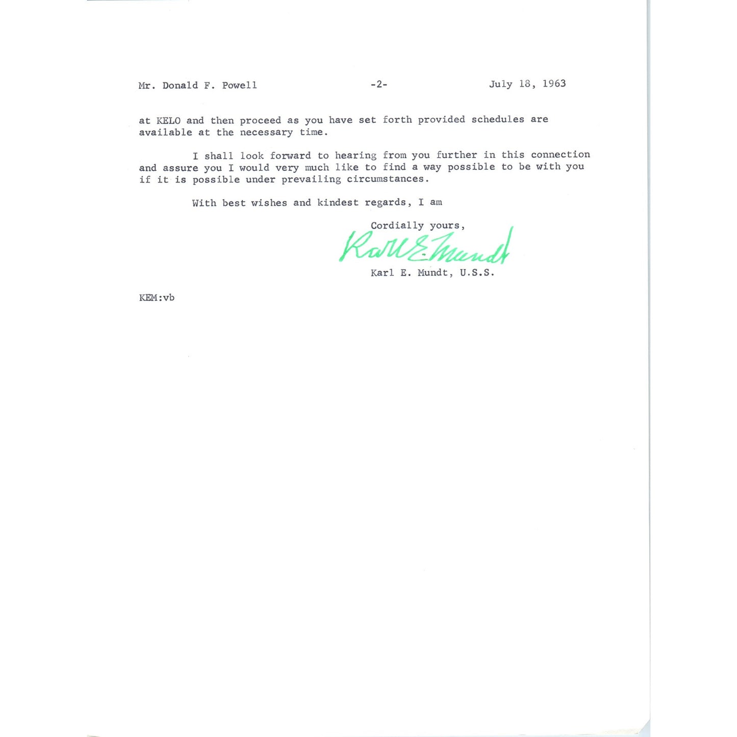 South Dakota Senator Karl Mundt Official Letterhead Signed Memo Jul 1963 B11