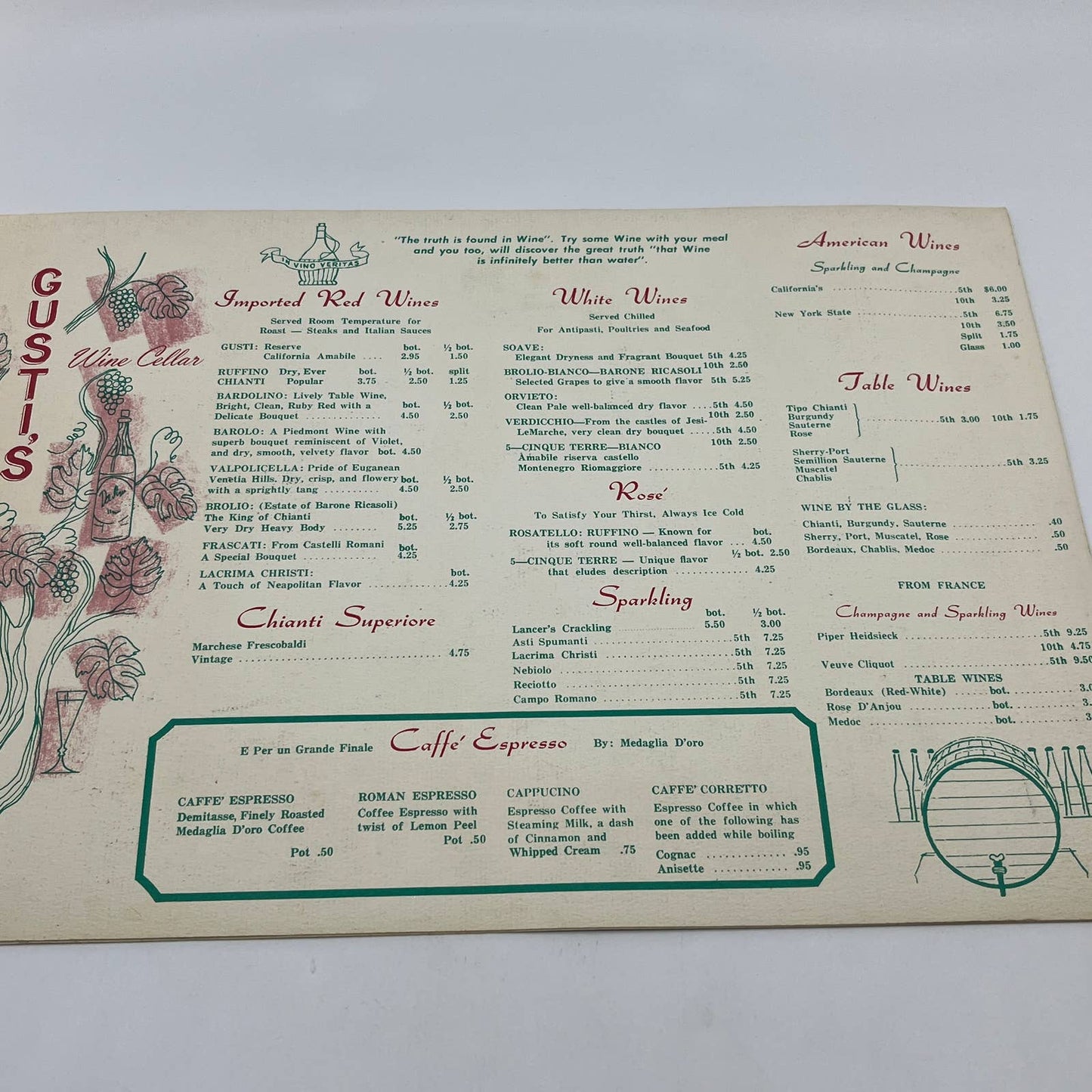 1960s Gusti's Italian Restaurant Menu Washington DC FL3