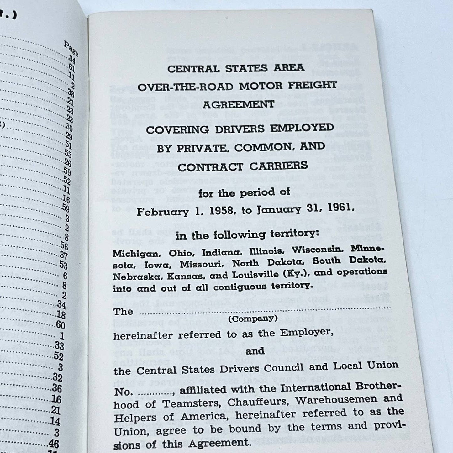 1958 Central States Area Over-The-Road Motor Freight Agreement Booklet TF9