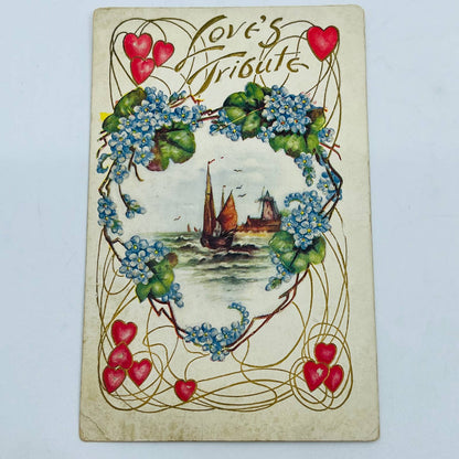 1909 Post Card Illustrated Embossed Sailboat Hearts Windmill Dresden Gilt PA7