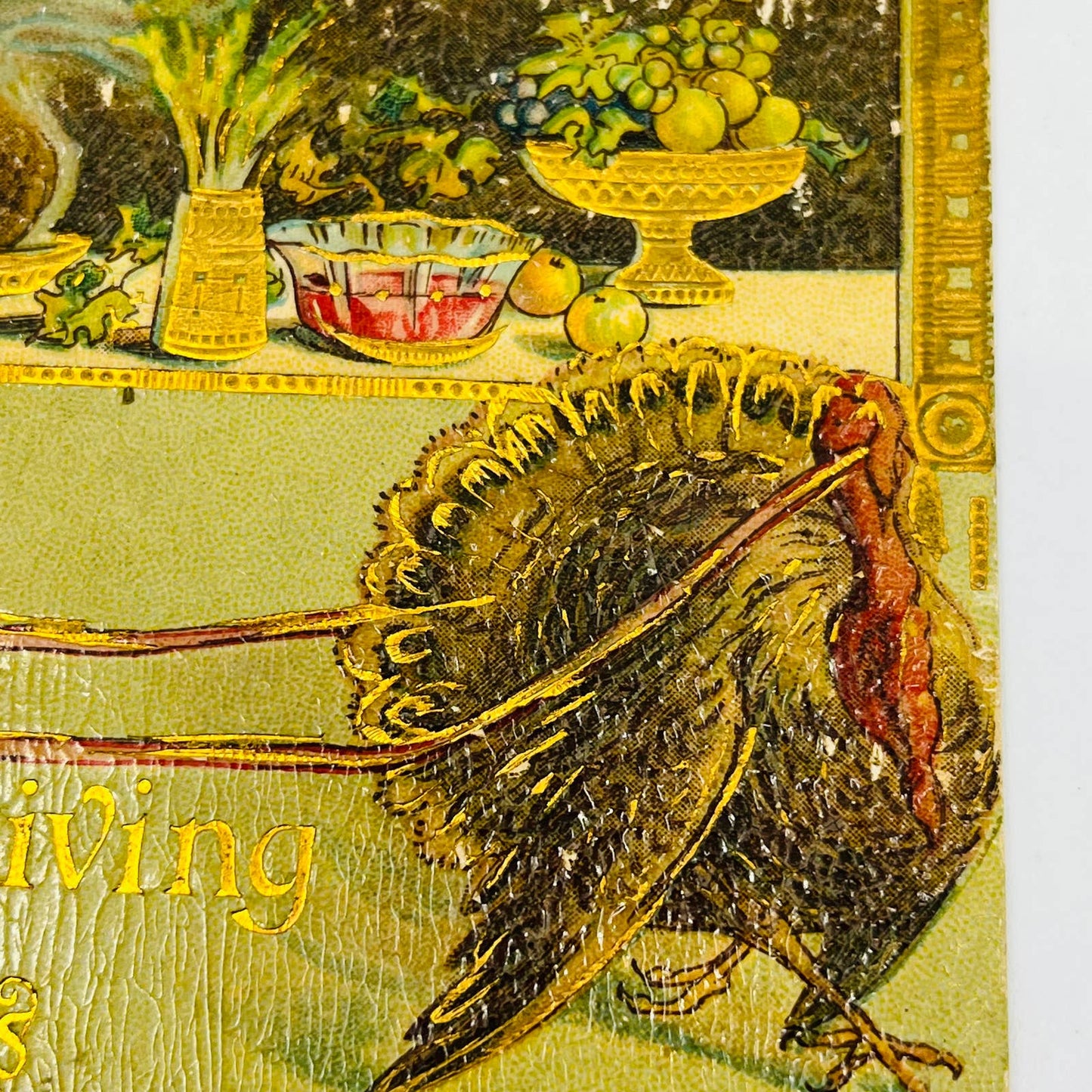 1910s Thanksgiving Post Card Turkey Dinner Banquet Dresden Gilt Embossed PA3