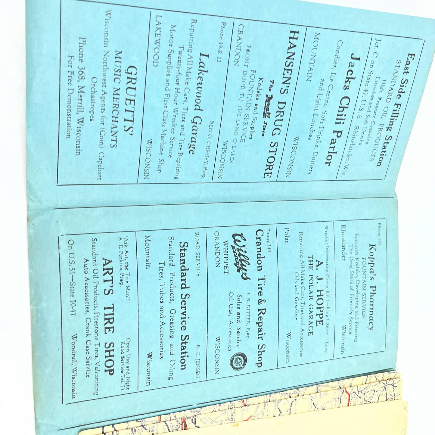 1930 New Hotel Crandon WI Official Auto Road Map of Midwest McMillion TF5