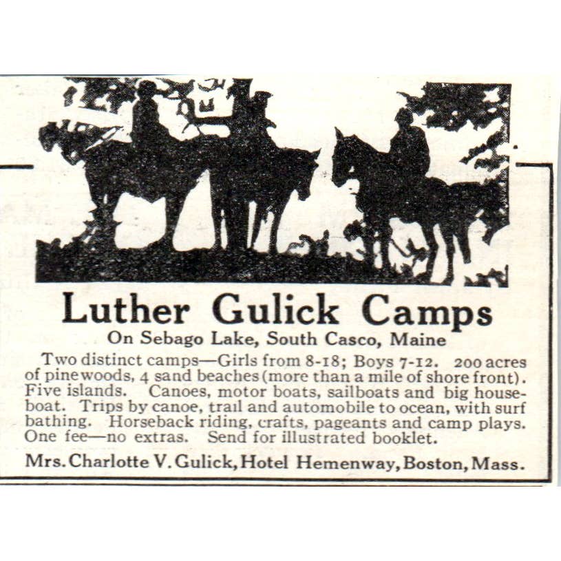 c1920 Harper's Magazine Ad - Luther Gulick Camps Sebago Lake South Casco ME EA3