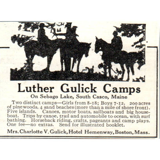 c1920 Harper's Magazine Ad - Luther Gulick Camps Sebago Lake South Casco ME EA3