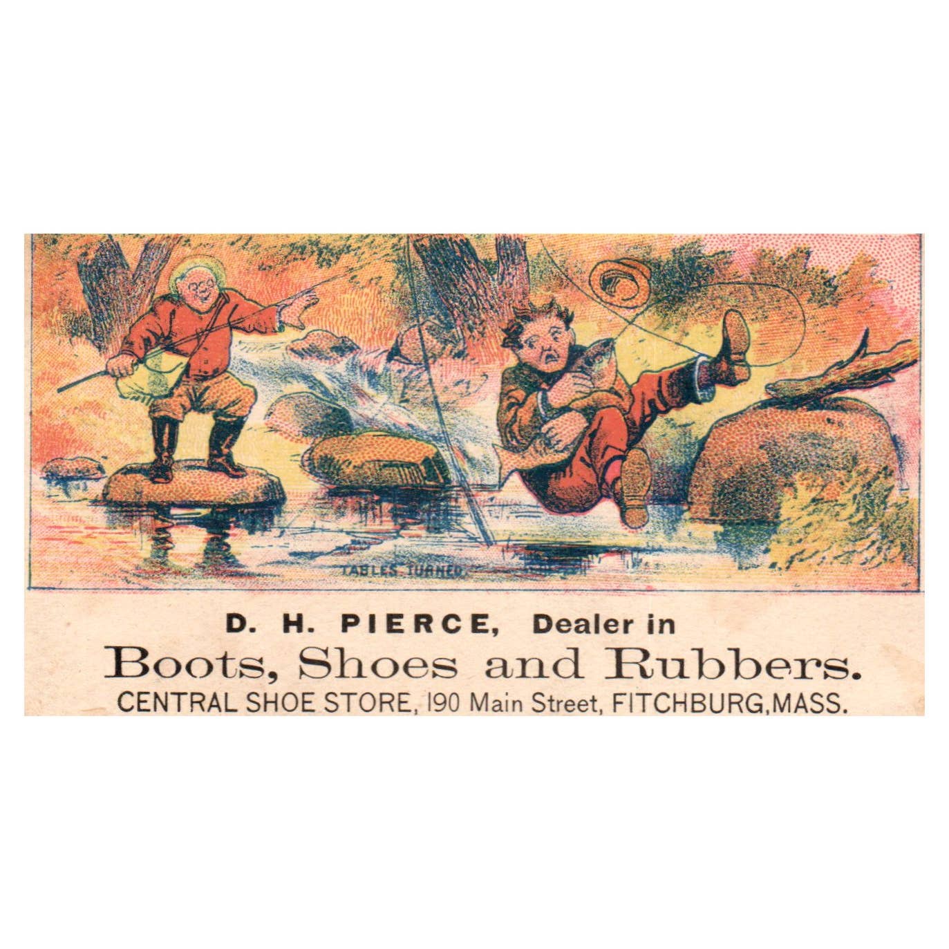 D.H. Pierce Boot Shoes Rubbers Fitchburg Mass FISHING - 1880s Trade Card TJ8-3