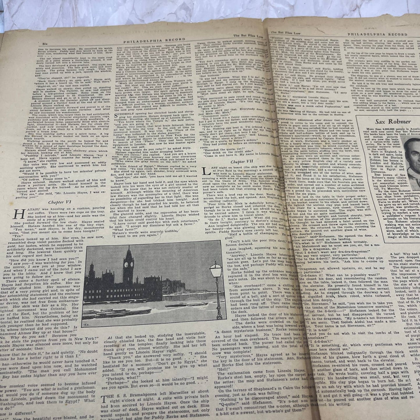 1936 The Bat Flies Low Sax Rohmer Philadelphia Inquirer Supplement 11x15” FL3
