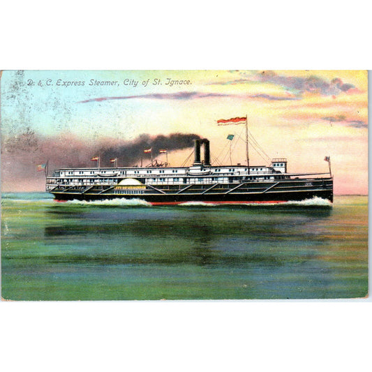 1908 D & C Express Steamer City of St. Ignace Original Postcard TK1-26