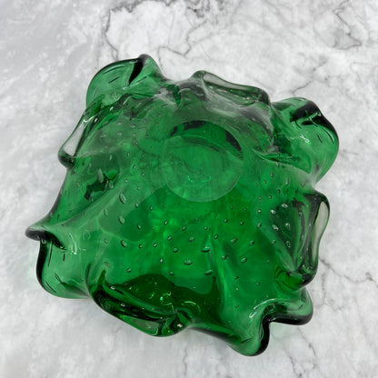 Vintage Emerald Green Swirly Murano Art Glass Bowl Heavy Glass 7" TA2