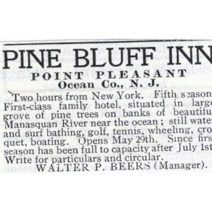 Pine Bluff Inn Point Pleasant Ocean Co NJ Walter P. Beers - 1903 Ad TJ7-S9