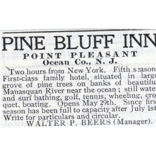 Pine Bluff Inn Point Pleasant Ocean Co NJ Walter P. Beers - 1903 Ad TJ7-S9