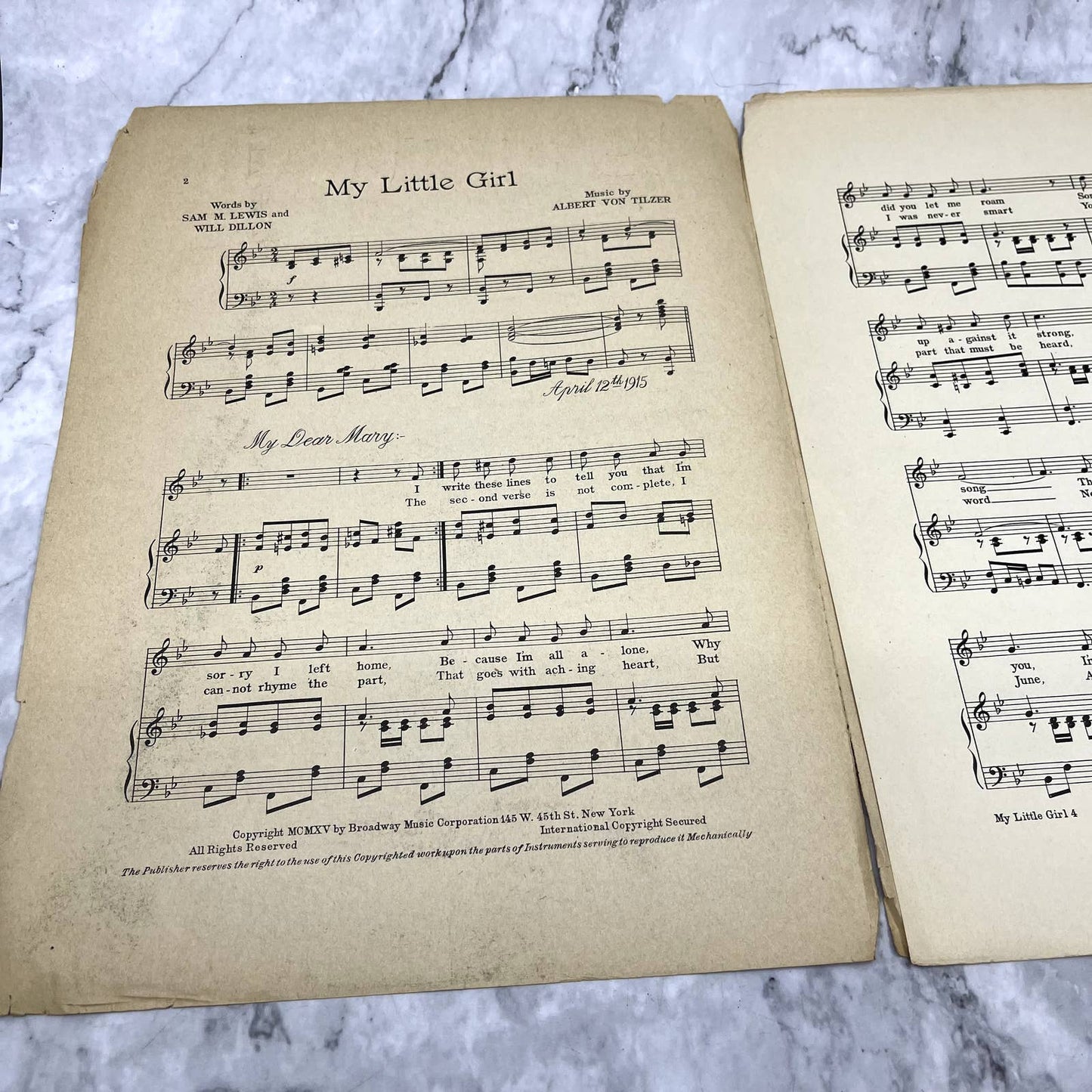 My Little Girl Sam M. Lewis Albert Von Tilzer 1915 Sheet Music TK2-SM