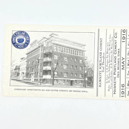 1916 Hawkeye Portland Cement Co Blotter Des Moines IA Coronado Apartments AB8