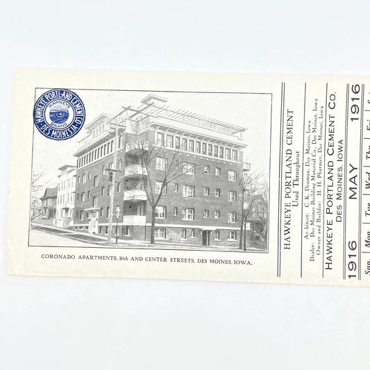 1916 Hawkeye Portland Cement Co Blotter Des Moines IA Coronado Apartments AB8