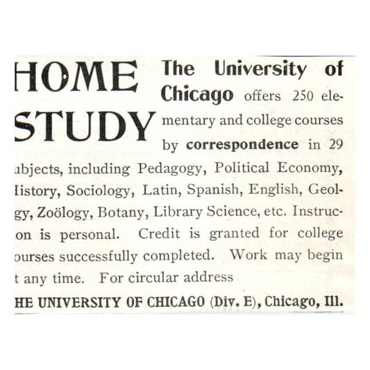 The University of Chicago Home Study Correspondence Course - 1903 Ad TJ7-S