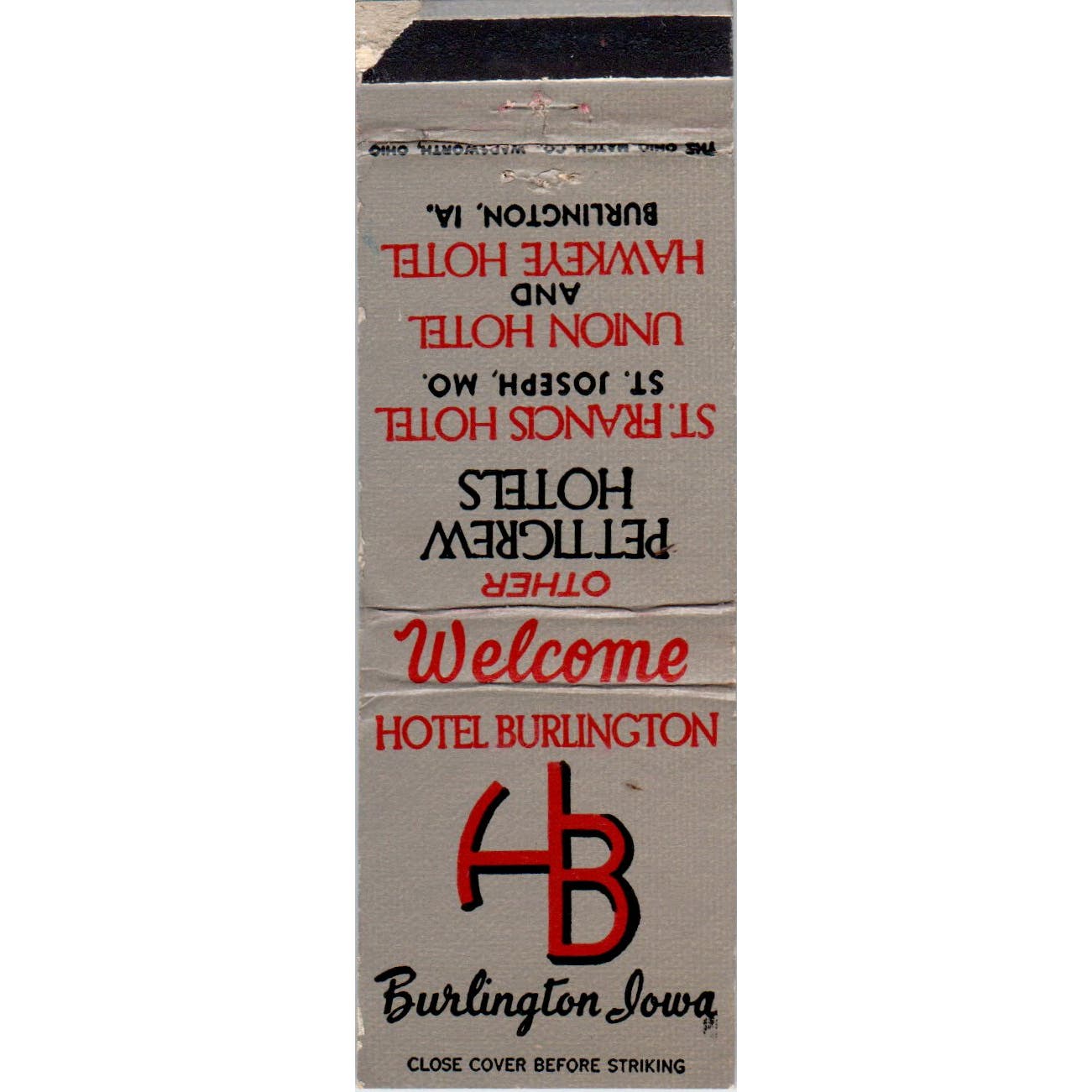 Hotel Burlington Iowa Advertising Matchbook Cover SA9-M9