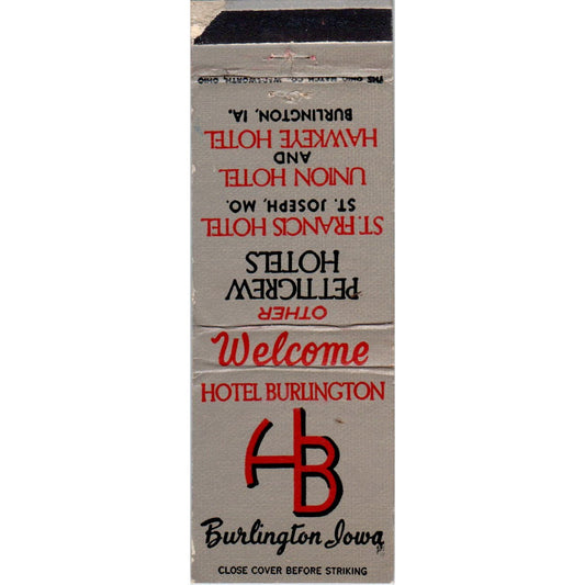 Hotel Burlington Iowa Advertising Matchbook Cover SA9-M9