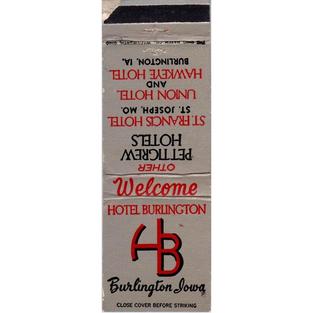 Hotel Burlington Iowa Advertising Matchbook Cover MM9-2