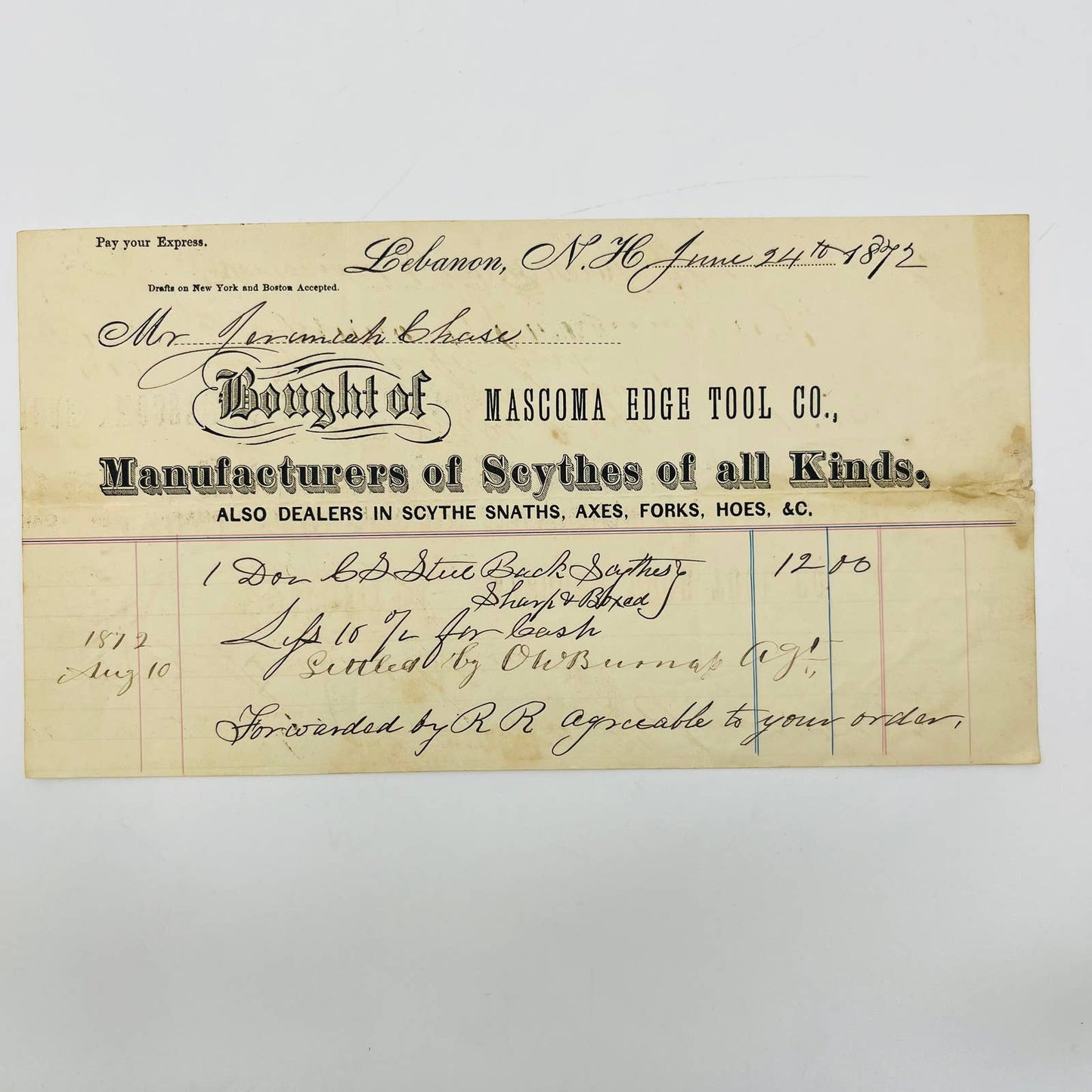 1872 Jeremiah Chase Mascoma Edge Tool Co Lebanon NH Letterhead Billhead AA5