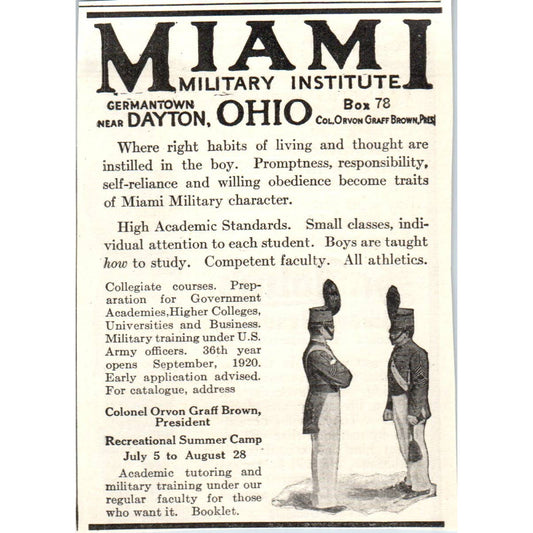 c1920 Harper's Magazine Ad Miami Military Institute Col. Orvon Graff Brown EA3-4