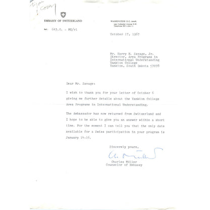 Switzerland Embassy Official Letterhead Memo Charles Muller 1967 TK1-P11