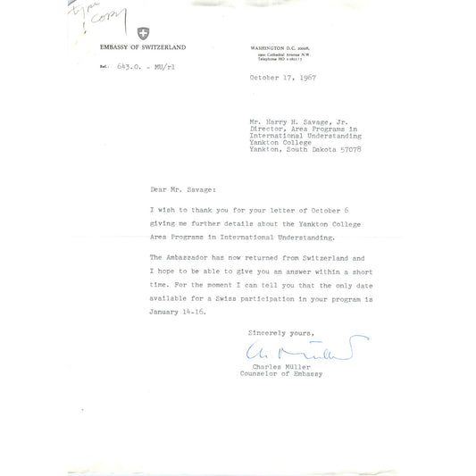 Switzerland Embassy Official Letterhead Memo Charles Muller 1967 TK1-P11