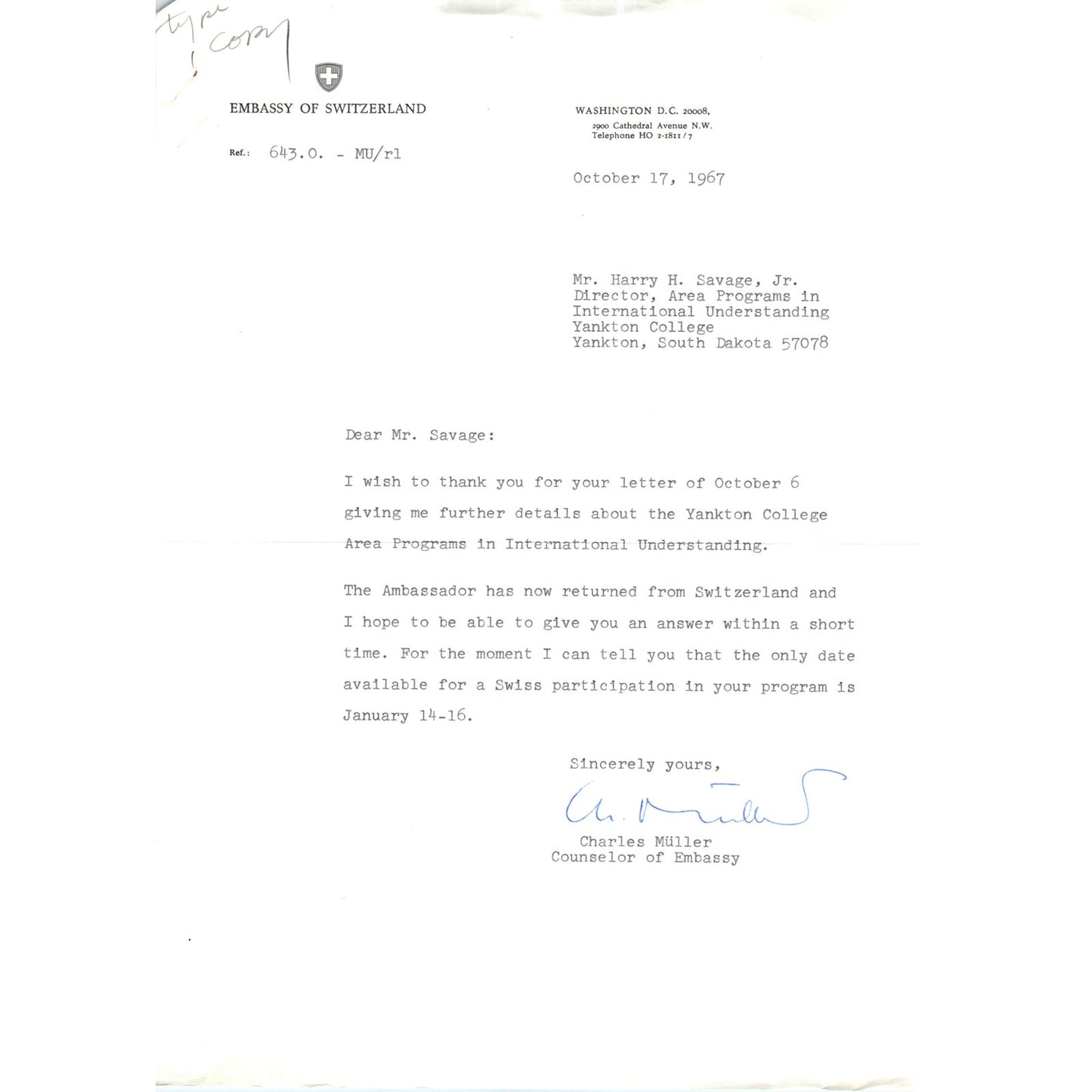 Switzerland Embassy Official Letterhead Memo Charles Muller 1967 B15