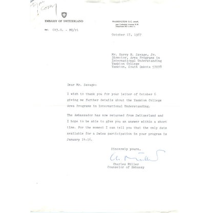 Switzerland Embassy Official Letterhead Memo Charles Muller 1967 B15