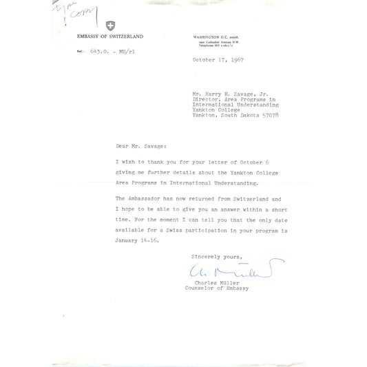 Switzerland Embassy Official Letterhead Memo Charles Muller 1967 B15
